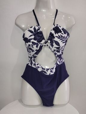 Navy And White Floral One- Piece With a Center Cutout